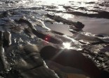 sunlight on the ocean and rocky shore