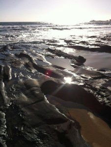 sunlight on the ocean and rocky shore